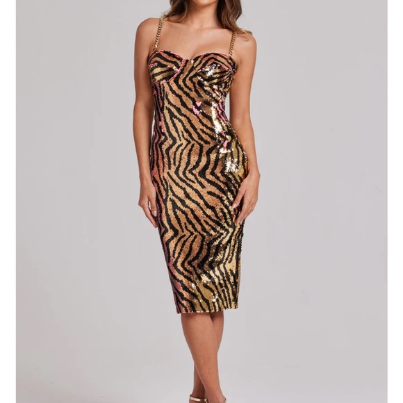 NADINE MERABI Dresses & Skirts - NADINE MERABI Gold and Black Sequin Zebra Midi Dress